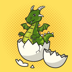 dragon hatched from egg pinup pop art retro vector illustration. Comic book style imitation.