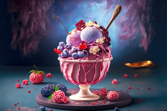 delicious dessert of ice cream and aetite frozen berries, created with generative ai