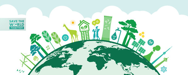 Save the world together green ecology vector illustration.