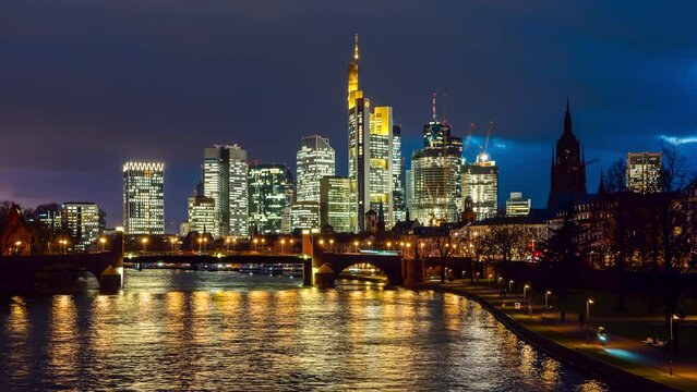 Day to night time lapse - cityscape of Frankfurt am Main, Germany