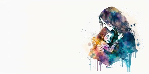 Mother's day - illustration of mom and daughter hugging each other with copy space for text, Generative ai.
