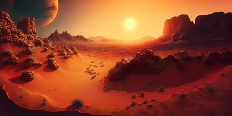 Vlies Fototapete Backstein Sunset panorama of Martian landscape on Mars, showcasing alien terrain, Generative AI