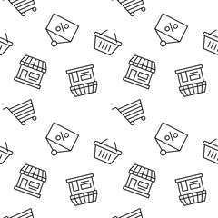 Monochrome vector seamless pattern of shopping basket, store, signboard with sale for web sites and polygraphy
