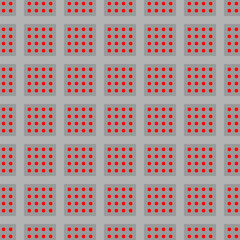 Seamless vector graphic of a grid a grey squares, each containing a four by four grid of small red dots