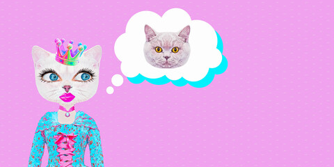 Contemporary digital collage art. Modern trippy design. Fashion KItty character and  comic design
