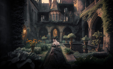Princess of the realm dressed in black at the castle garden. Generative AI