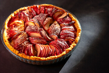 Homemade Apple pie on a Dark background close-up. Classic autumn dessert for Thanksgiving - organic apple pie. the concept of autumn abundance. and a poster. banner. copy space. To advertise