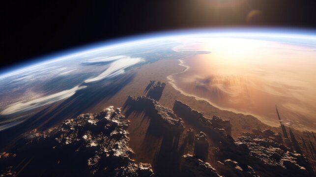 sunrise over the world, dry planet, futuristic earth, view from space, AI