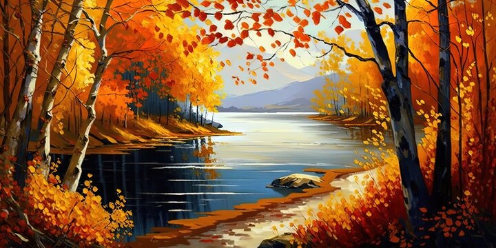 An autumn forest near a river, featuring orange leaves, depicted through oil painting landscape, Generative AI