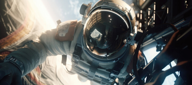 Cinematic Space Adventure: Astronaut Captures Stunning Selfie in Orbit, close-up helmet, AI