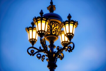 Fototapeta na wymiar lamp post with lit bulbs against background of evening blue sky, created with generative ai