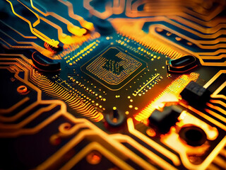 The microprocessor in the rays of light on the background of the electronic board. Generative AI