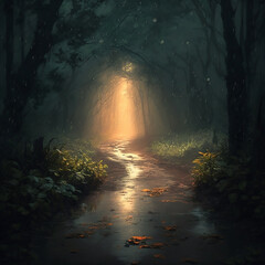Bright light in the distance of the path, in the evening fairy forest during the rain. Generative AI