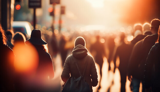 Crowd of people walking in the street with soft bokeh, fast moving in city, Generative ai