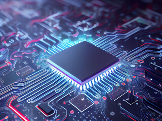 Microprocessor with luminous contacts, on the electronic circuit. Generative AI