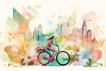 a watercolor ecologic landscape with a woman  riding a bike, green economy concept, generative ai illustration