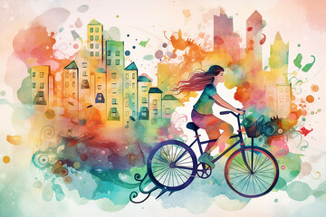 a watercolor ecologic landscape with a woman  riding a bike, green economy concept, generative ai illustration