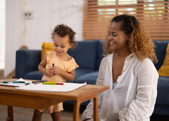 Parents encourage young daughter to express her emotions, cultivate creativity, and spark imagination by teaching her to paint with different colors. Joy and life fulfillment can be found by art.