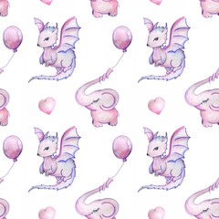 Seamless watercolor pattern in gentle pink and lilac tones: an elephant with a gel ball in its trunk, flying dragon and heart on white background. In children's cartoon style