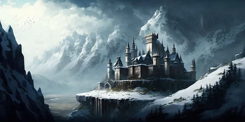 Schilderijen op glas The castle is nestled between snow-capped mountains, Generative AI © Oleksii