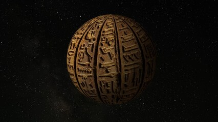 Ancient egypt hieroglyphics carving as planet in space, ancient civilization concept, 4k