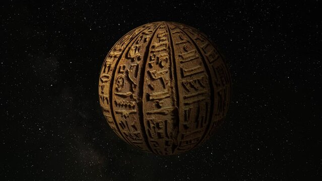 Ancient egypt hieroglyphics carving as planet in space, ancient civilization concept, 4k