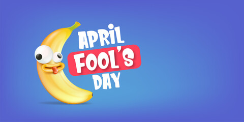 Obraz na płótnie Canvas April Fools day funky horizontal banner with silly banana character isolated on blue background. 1 st april fool day banner, poster, label, flyer and greeting card