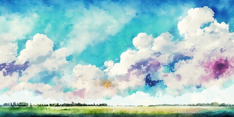 Obraz na płótnie Canvas Watercolor and acrylic painting of summer landscape with cloud sky and meadow, abstract flow style, Generative AI