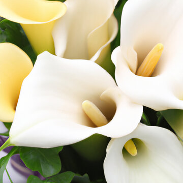 Lovely tender white callas with green leaves. Greeting card or label for product with calla lily fragrance. Zantedeschia, calla. Pistil-cob