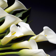Lovely tender white callas with green leaves. Greeting card or label for product with calla lily fragrance. Zantedeschia, calla. Pistil-cob