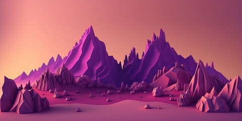 Minimal abstract background of sunset mountains with purple peaks and pink sky Shaggy surface, slight noise, Generative AI