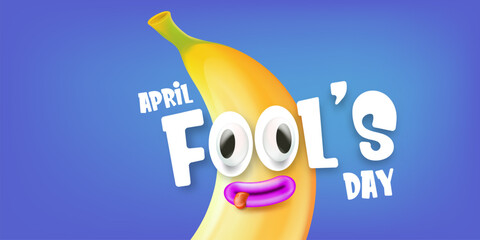 April Fools day funky horizontal banner with silly banana character isolated on blue background. 1 st april fool day banner, poster, label, flyer and greeting card