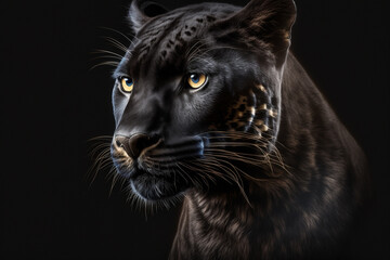 Black panther portrait on black background. Generative ai.