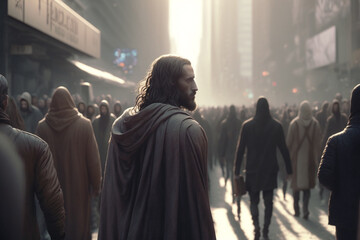Fototapeta premium Jesus Christ walking on the street in the crowd. Easter concept.Generative AI