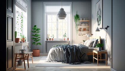 Bright cozy bedroom in scandinavian style. generative ai