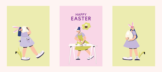 Happy Easter set of posters. Easter girls wearing bunny ears. Girl preparing easter bread. Girl holding large easter egg. Egg hunting illustration. Cooking process illustration.