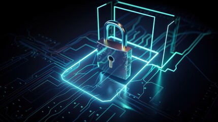 Cybersecurity concept. Door lock on laptop and microchips. Symbol of cyber security, antivirus, firewall, data privacy and safe internet. 