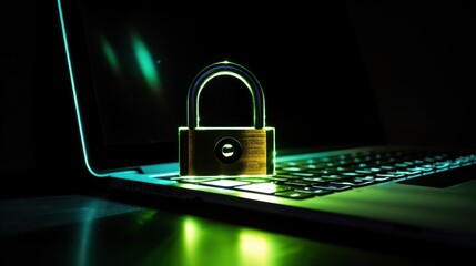 Cybersecurity concept. Door lock on laptop and microchips. Symbol of cyber security, antivirus, firewall, data privacy and safe internet. 