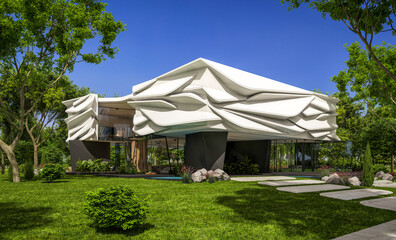 3d rendering of cute cozy modern house with bionic natural curves plastic forms with parking  and pool for sale or rent with beautiful landscape. Clear sunny summer day with blue sky