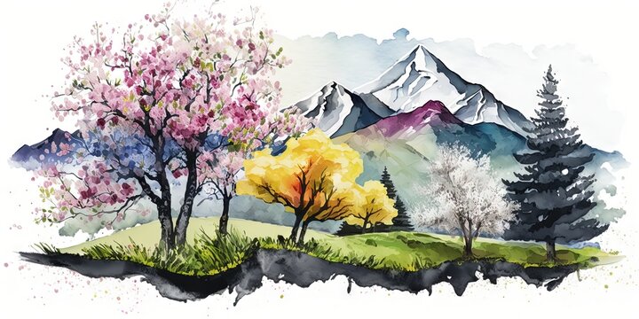 The painting depicts a spring landscape with trees blooming in a meadow using watercolors, Generative AI