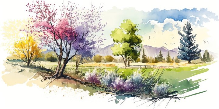 A spring landscape watercolor painting with trees and flowers, Generative AI