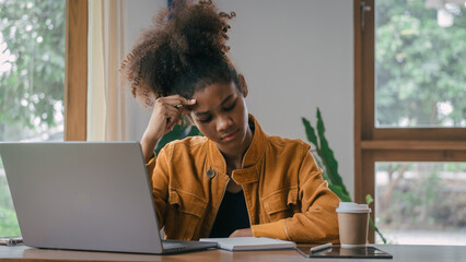 migraine headache, Young african american university foreign exchange students study online on...