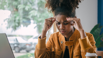 migraine headache, Young african american university foreign exchange students study online on...