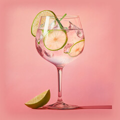 Gin and tonic on a pink background. Generative AI. - obrazy, fototapety, plakaty