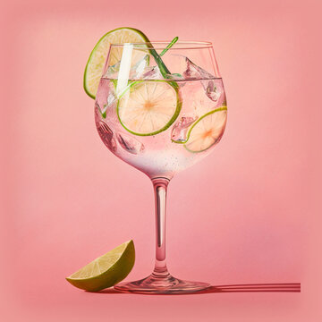 Gin and tonic on a pink background. Generative AI.