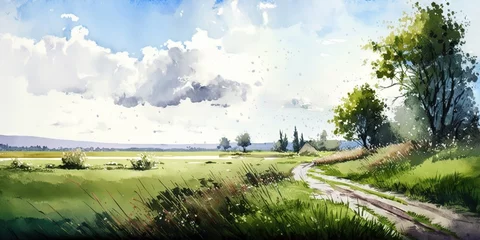 Poster Im Rahmen A charming rural landscape with green slopes, pastures, meadows, and a beautiful sky in watercolor, Generative AI © Oleksii