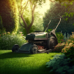 Lawnmower in a garden. Generative AI.