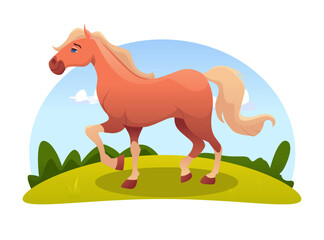 Horse on the Meadow. Cute Farm Animal. Vector Illustration in Cartoon Style.