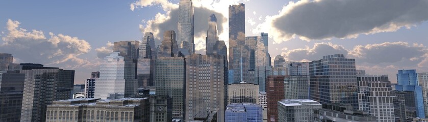 Panoramic view of the city, panorama of a modern city with skyscrapers against a sky with clouds, high-rise buildings in the sky, 3d rendering