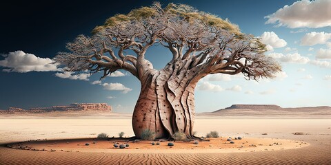 The Africa savannahs dry sandy terrain generates the growth of baobab trees, Generative AI